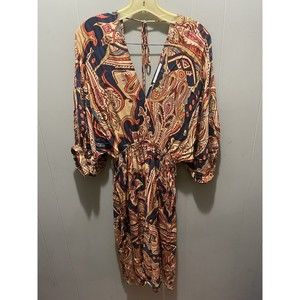 LOVESTITCH Tie Back Detail Midi Dress Multi Colored Elastic Waist Women’s Sz Sm